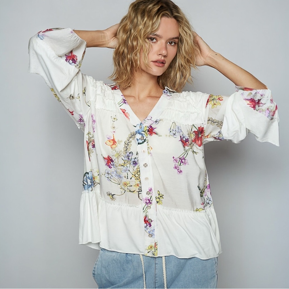 POL Off White Floral print Button Down Short Sleeve Top